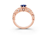 Rose gold Pear Cut Solitaire Blue Sapphire Leaf-Inspired Vine Band Ring with Prong Setting_3