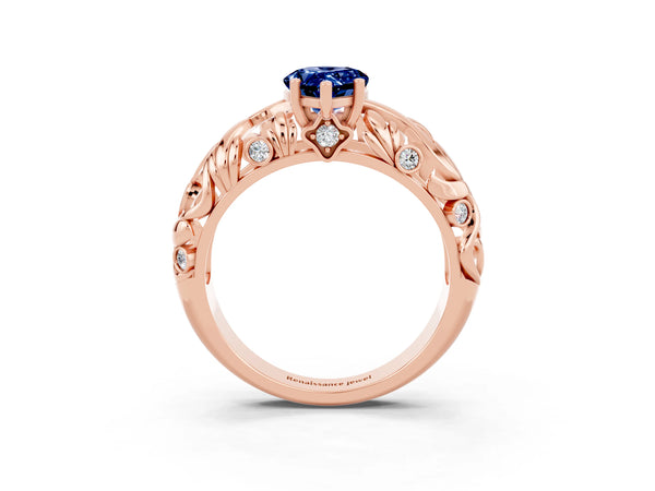 Rose gold Pear Cut Solitaire Blue Sapphire Leaf-Inspired Vine Band Ring with Prong Setting