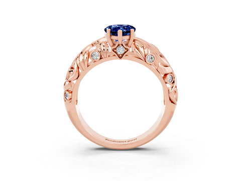 Rose gold Pear Cut Solitaire Blue Sapphire Leaf-Inspired Vine Band Ring with Prong Setting_3
