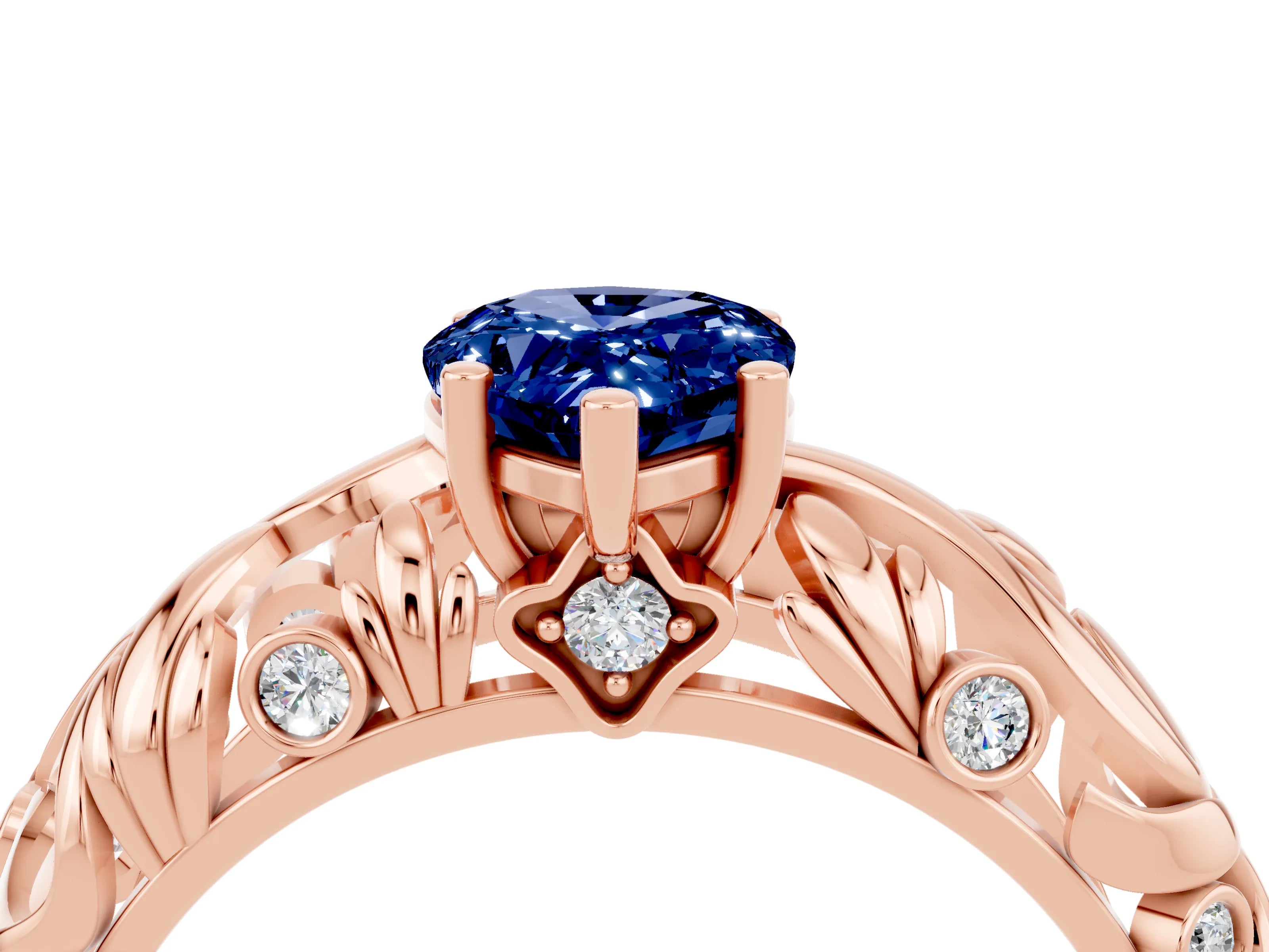 Rose gold Pear Cut Solitaire Blue Sapphire Leaf-Inspired Vine Band Ring with Prong Setting_4