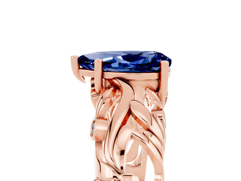 Rose gold Pear Cut Solitaire Blue Sapphire Leaf-Inspired Vine Band Ring with Prong Setting_5