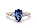 Rose gold Pear Cut Solitaire Blue Sapphire Ring with Pave Band and Four-Prong Setting