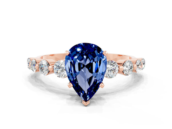 Rose gold Pear Cut Solitaire Blue Sapphire Ring with Pave Band and Four-Prong Setting