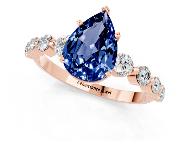 Rose gold Pear Cut Solitaire Blue Sapphire Ring with Pave Band and Four-Prong Setting