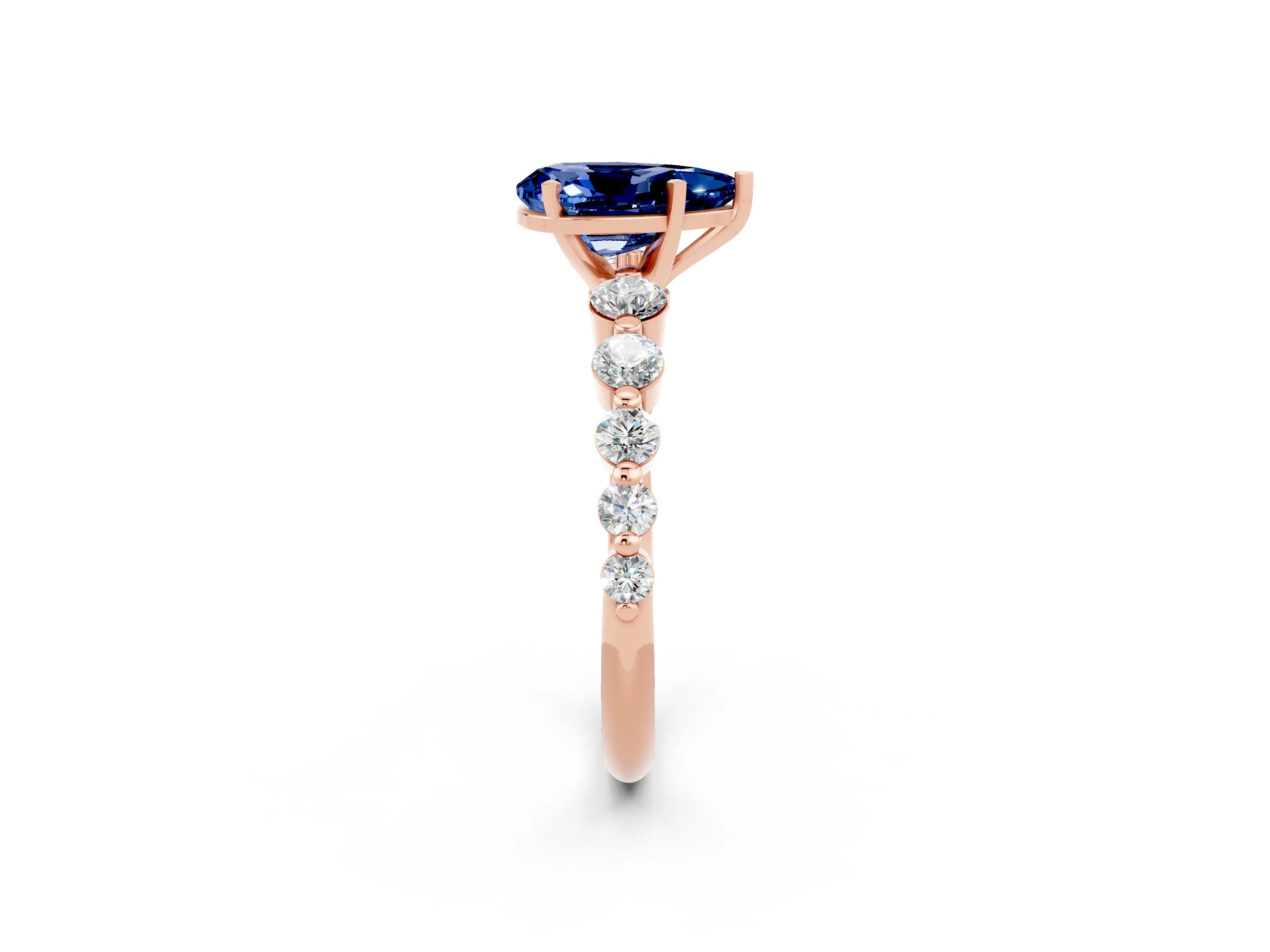 Rose gold Pear Cut Solitaire Blue Sapphire Ring with Pave Band and Four-Prong Setting_2