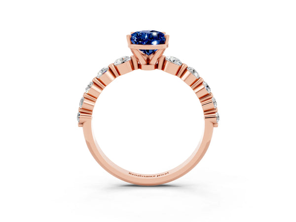 Rose gold Pear Cut Solitaire Blue Sapphire Ring with Pave Band and Four-Prong Setting