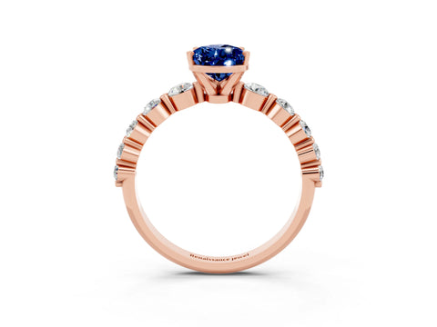 Rose gold Pear Cut Solitaire Blue Sapphire Ring with Pave Band and Four-Prong Setting_3
