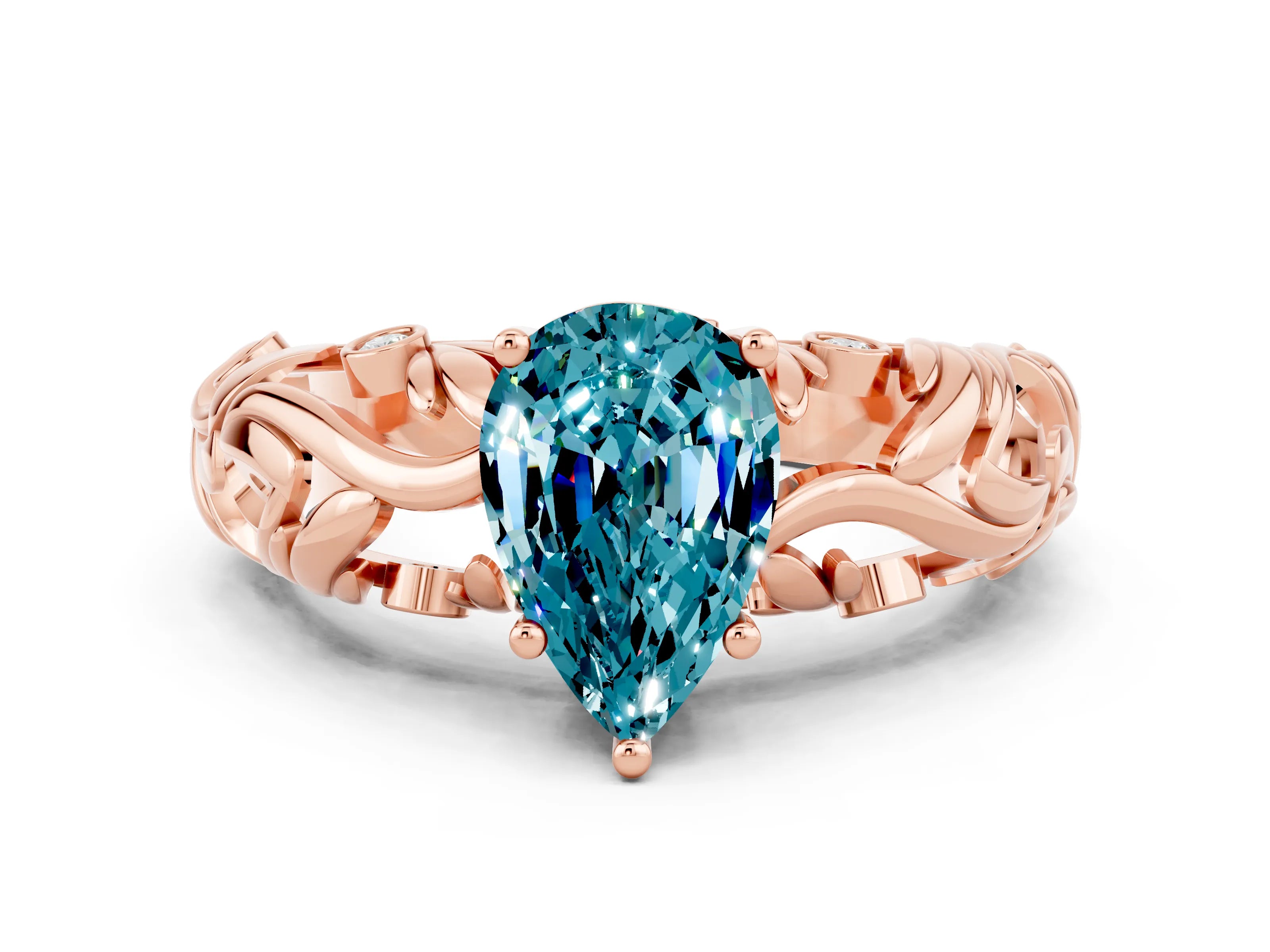 Rose gold Pear Cut Solitaire Blue Topaz Leaf-Inspired Vine Band Ring with Prong Setting