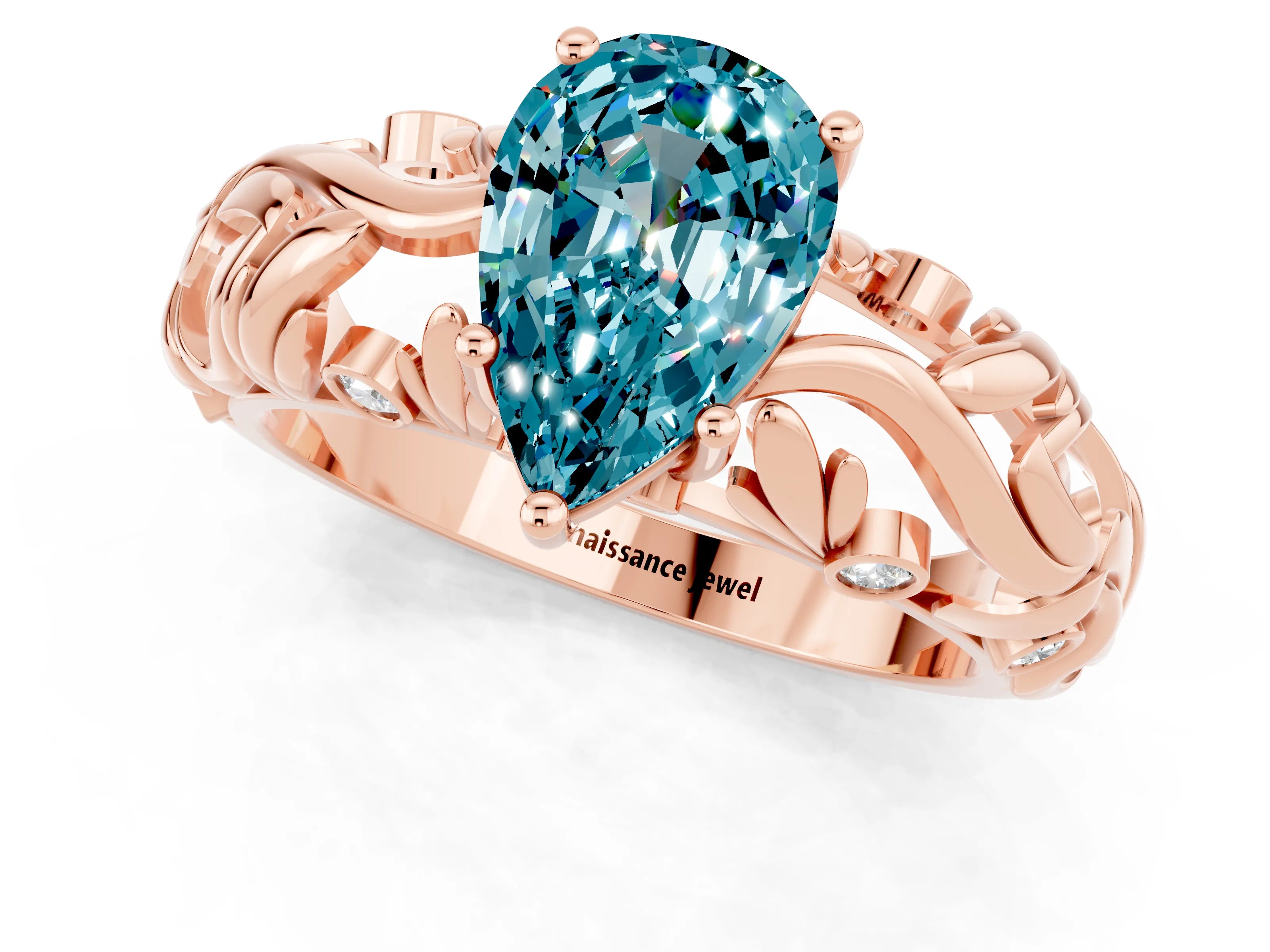 Rose gold Pear Cut Solitaire Blue Topaz Leaf-Inspired Vine Band Ring with Prong Setting_1