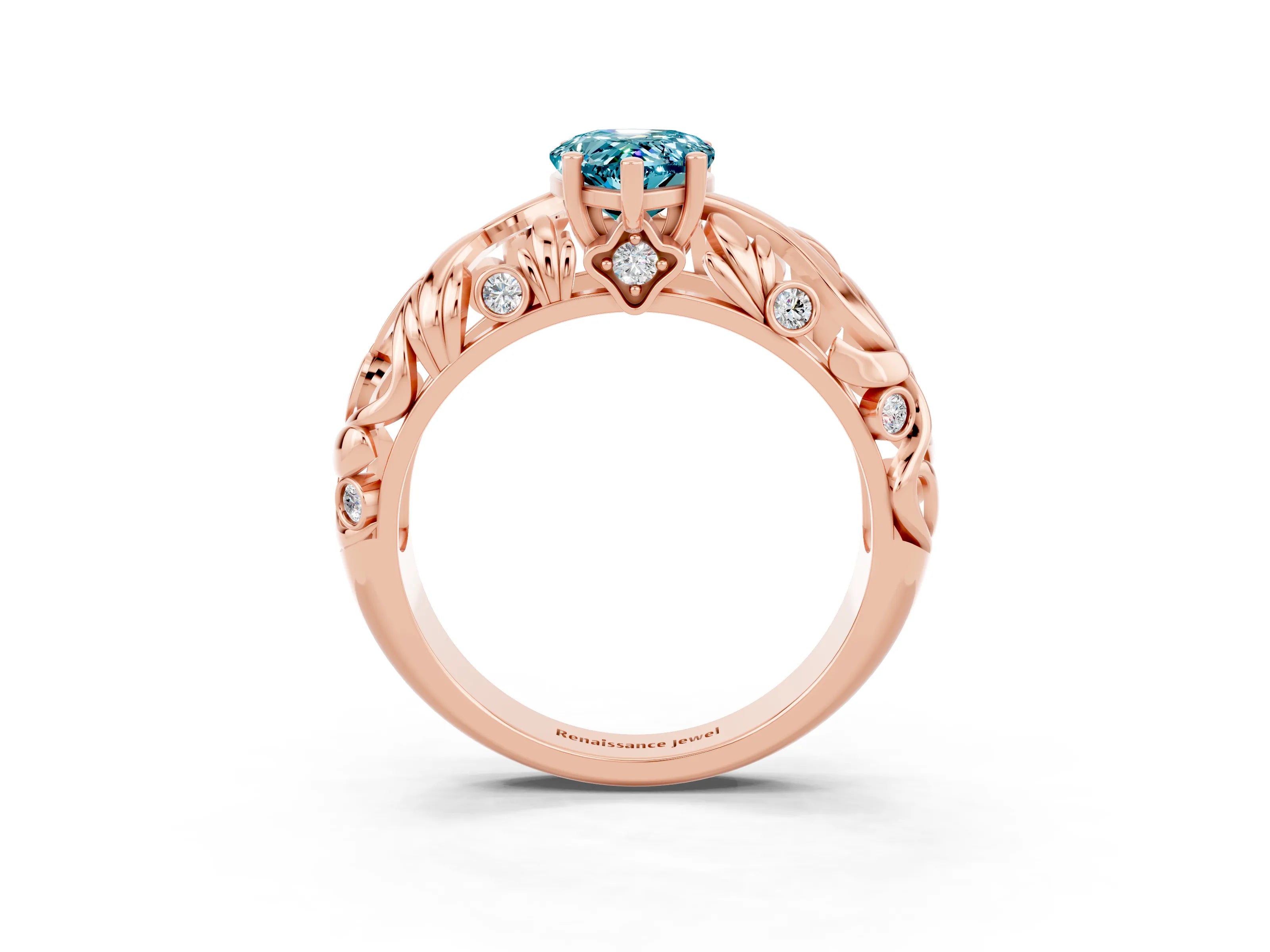 Rose gold Pear Cut Solitaire Blue Topaz Leaf-Inspired Vine Band Ring with Prong Setting_3