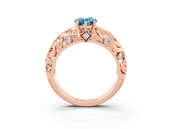 Rose gold Pear Cut Solitaire Blue Topaz Leaf-Inspired Vine Band Ring with Prong Setting