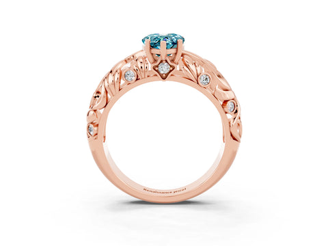 Rose gold Pear Cut Solitaire Blue Topaz Leaf-Inspired Vine Band Ring with Prong Setting_3