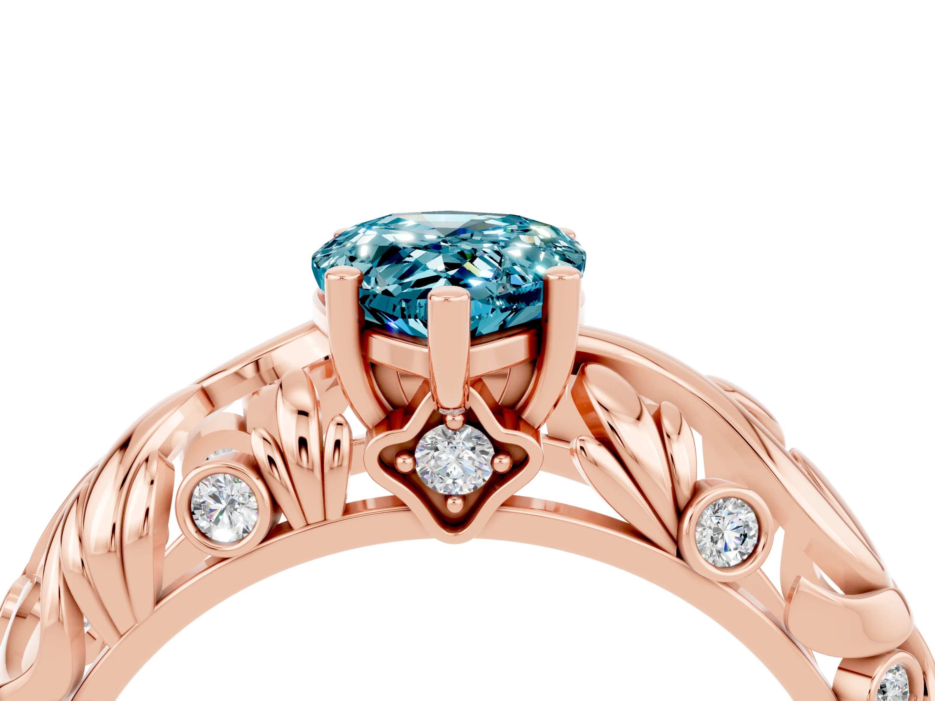 Rose gold Pear Cut Solitaire Blue Topaz Leaf-Inspired Vine Band Ring with Prong Setting_4