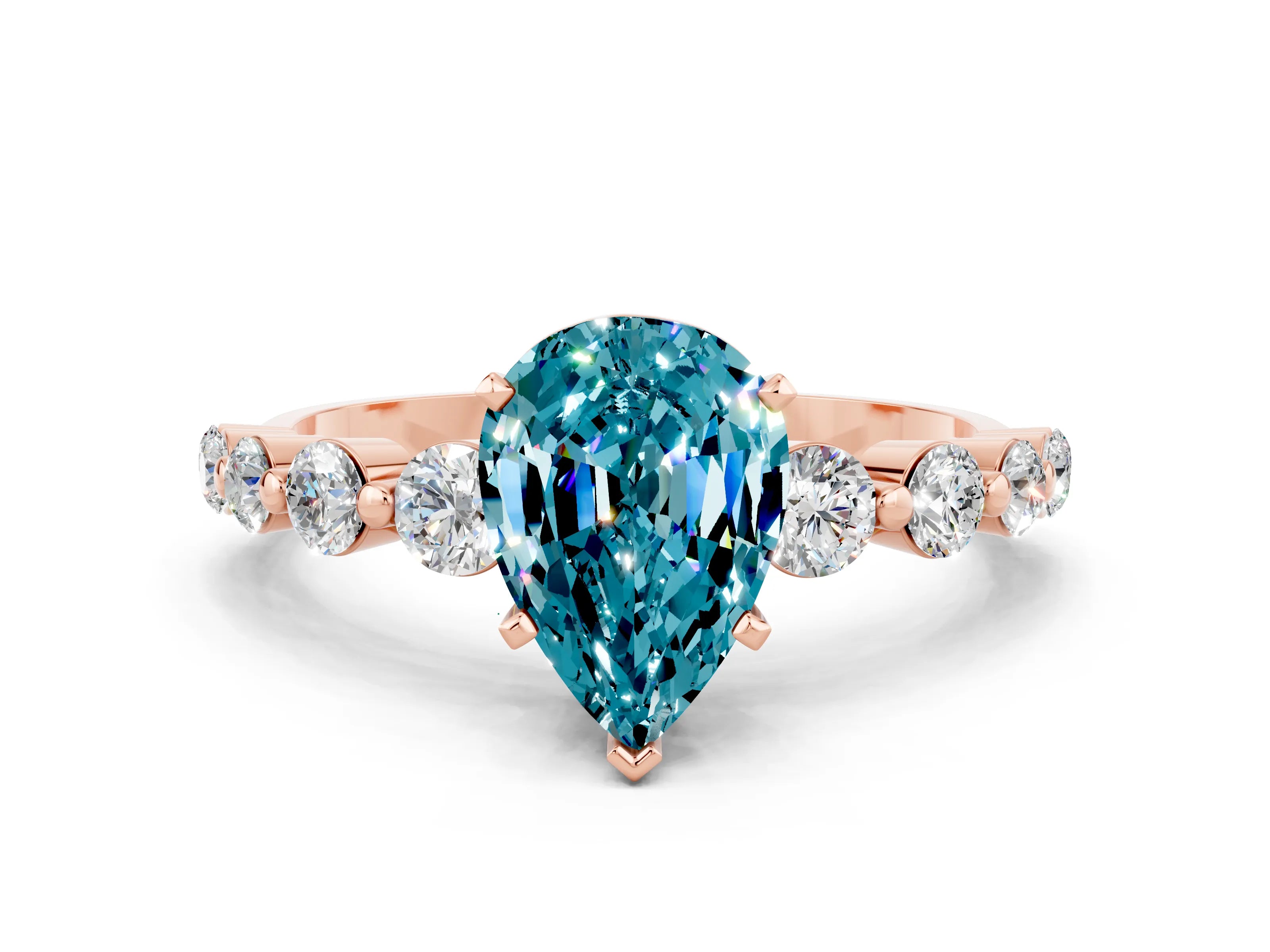 Rose gold Pear Cut Solitaire Blue Topaz Ring with Pave Band and Four-Prong Setting