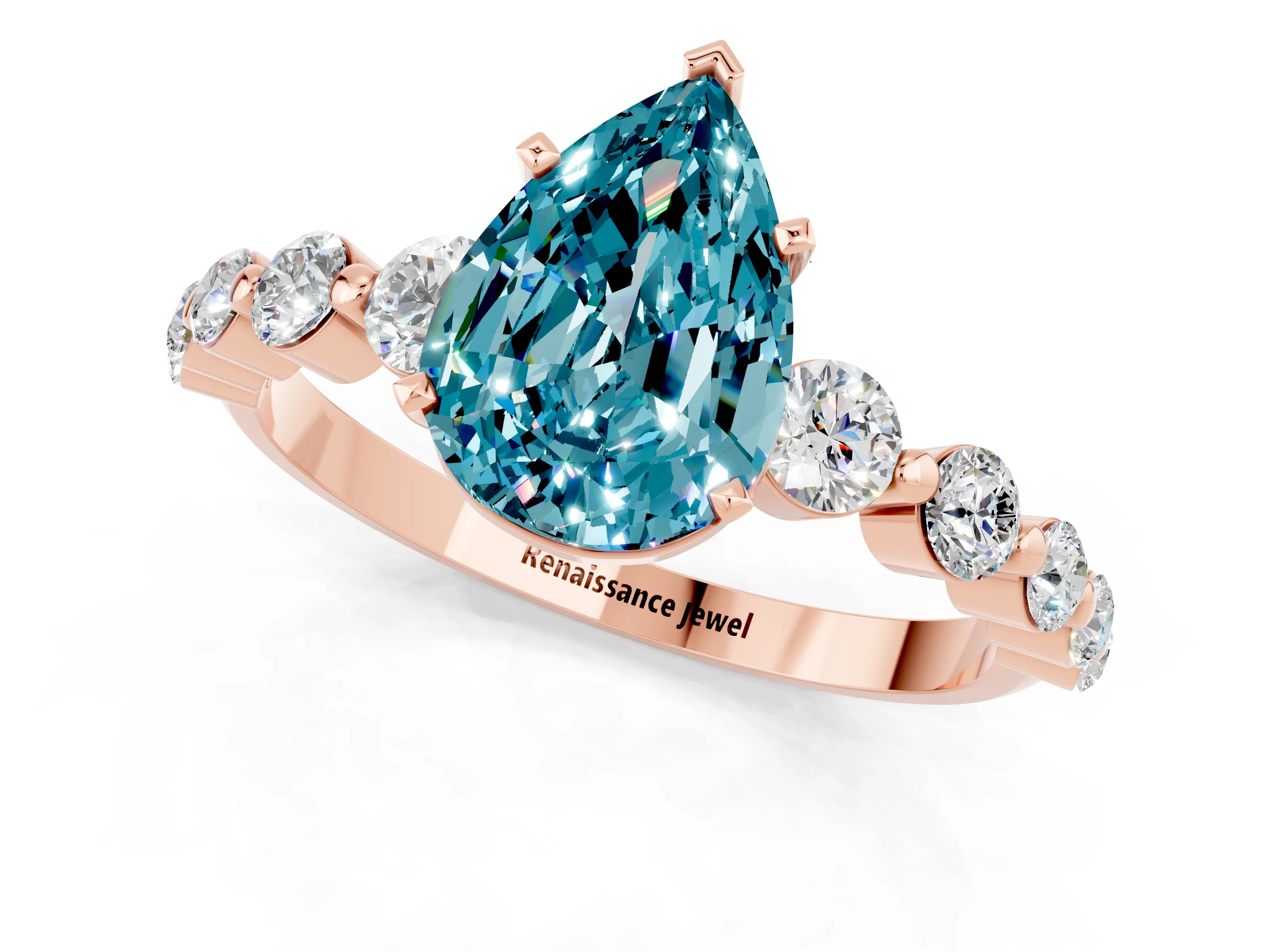 Rose gold Pear Cut Solitaire Blue Topaz Ring with Pave Band and Four-Prong Setting_1