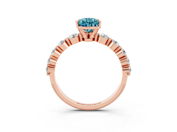 Rose gold Pear Cut Solitaire Blue Topaz Ring with Pave Band and Four-Prong Setting