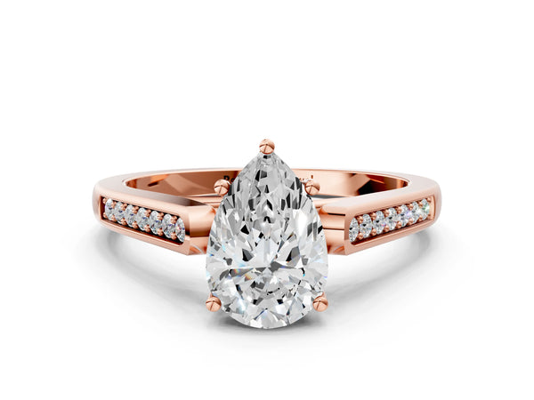 Rose gold Pear Cut Solitaire Cathedral Diamond Engagement Ring with Channel-Set Band and Four-Prong Setting