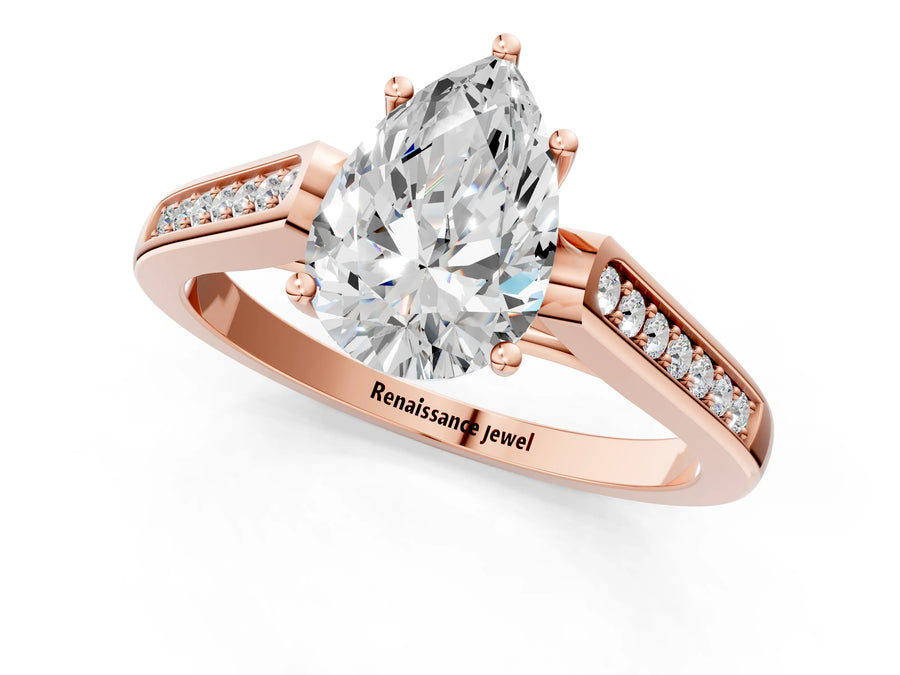 Rose gold Pear Cut Solitaire Cathedral Diamond Engagement Ring with Channel-Set Band and Four-Prong Setting