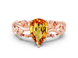Rose gold Pear Cut Solitaire Citrine Leaf-Inspired Vine Band Ring with Prong Setting