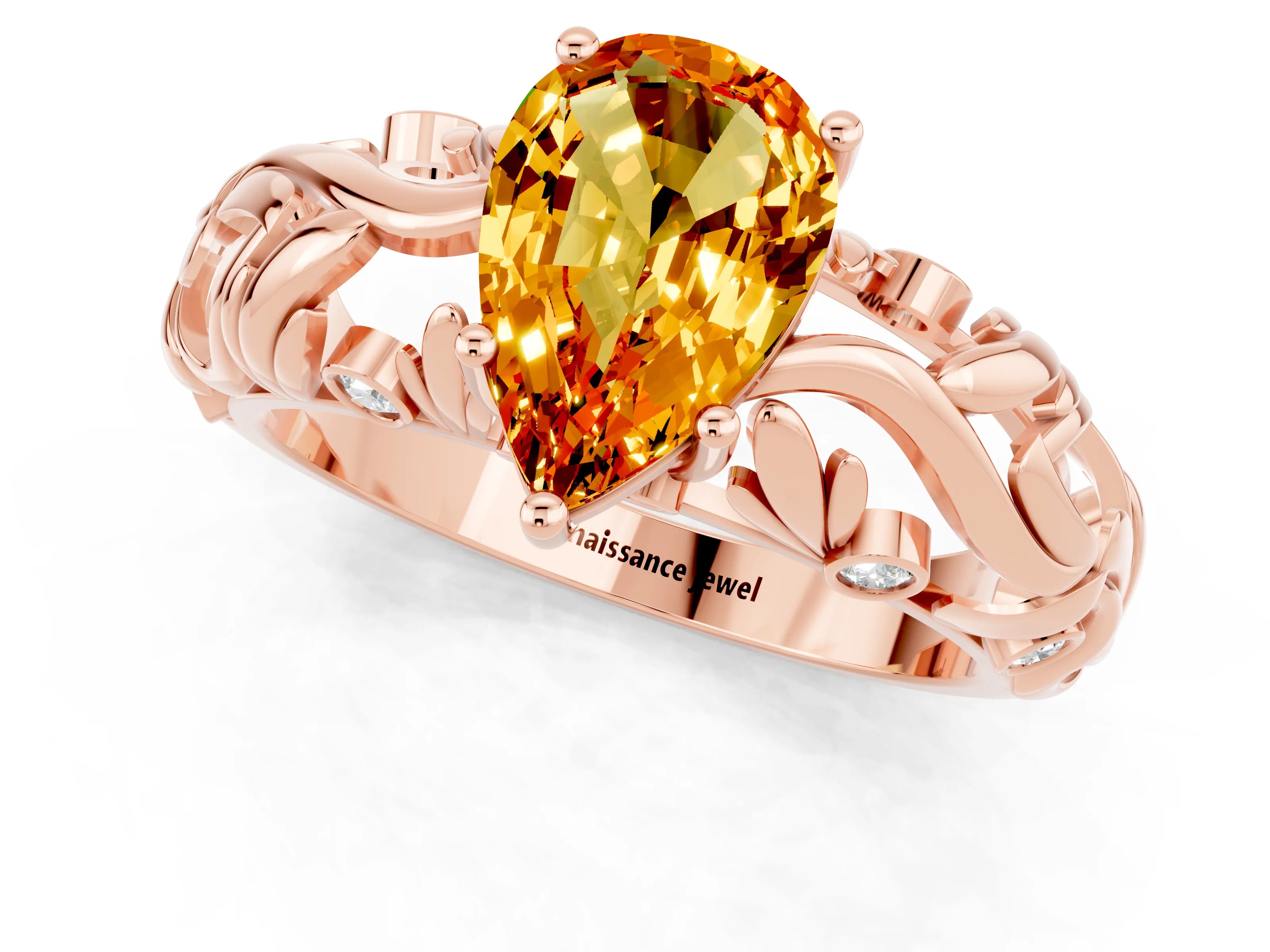 Rose gold Pear Cut Solitaire Citrine Leaf-Inspired Vine Band Ring with Prong Setting_1