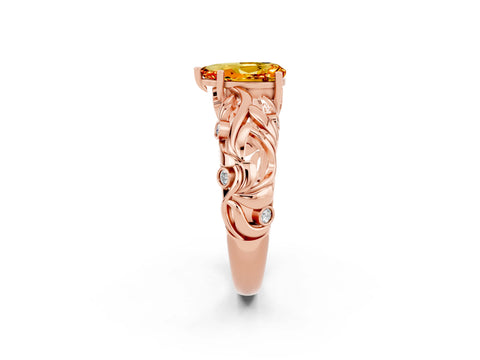 Rose gold Pear Cut Solitaire Citrine Leaf-Inspired Vine Band Ring with Prong Setting_2