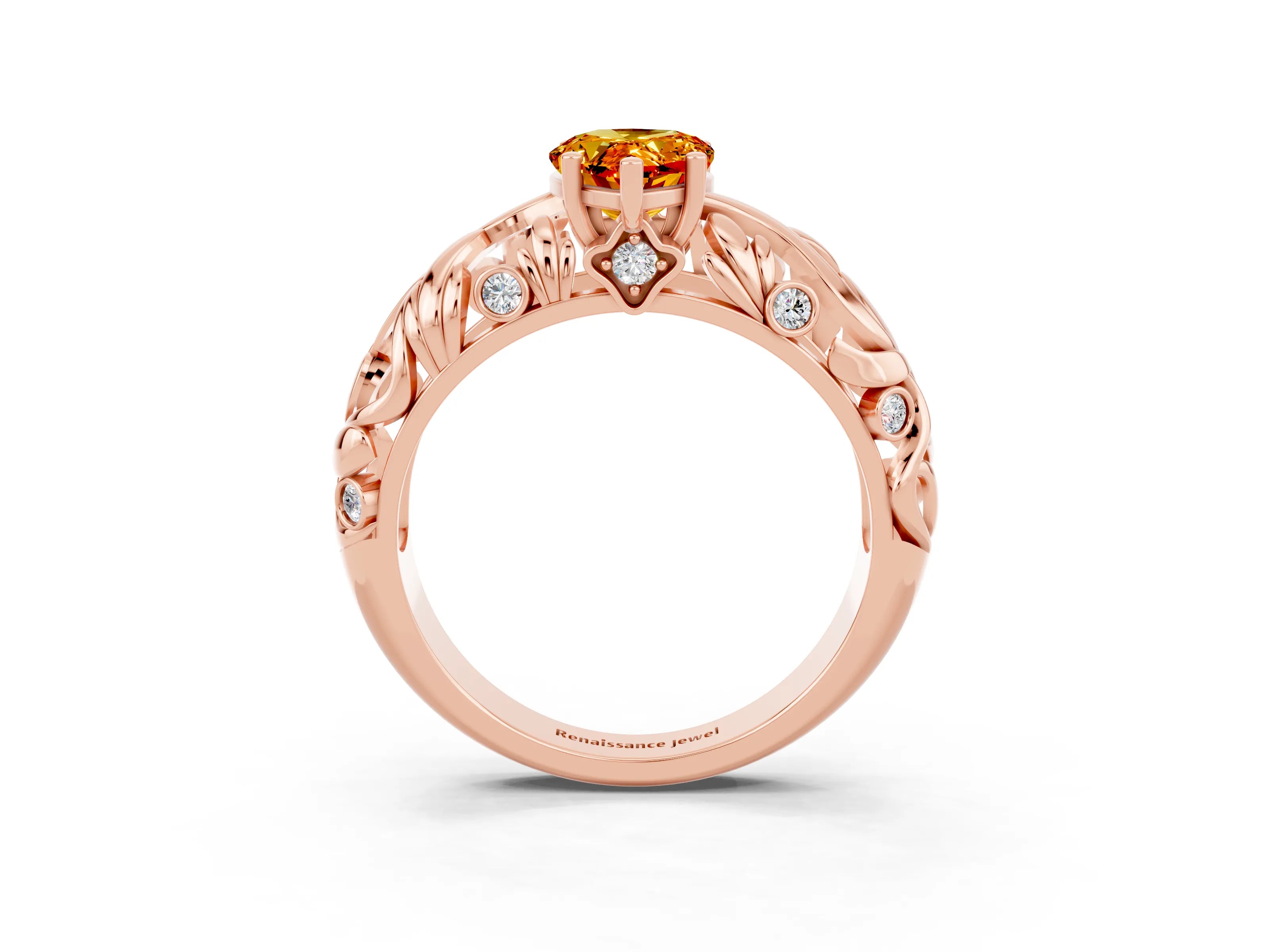 Rose gold Pear Cut Solitaire Citrine Leaf-Inspired Vine Band Ring with Prong Setting_3
