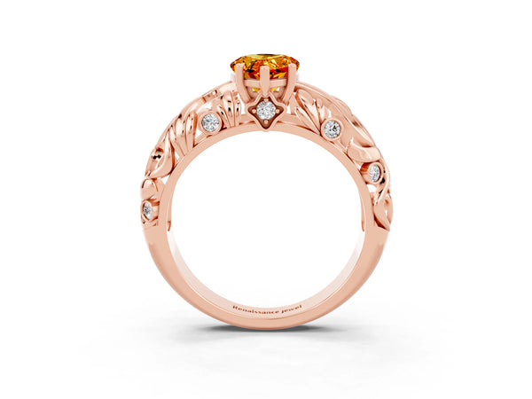 Rose gold Pear Cut Solitaire Citrine Leaf-Inspired Vine Band Ring with Prong Setting