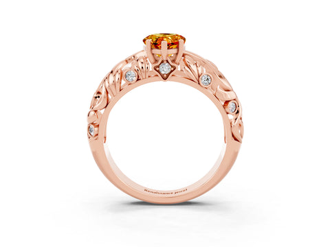 Rose gold Pear Cut Solitaire Citrine Leaf-Inspired Vine Band Ring with Prong Setting_3