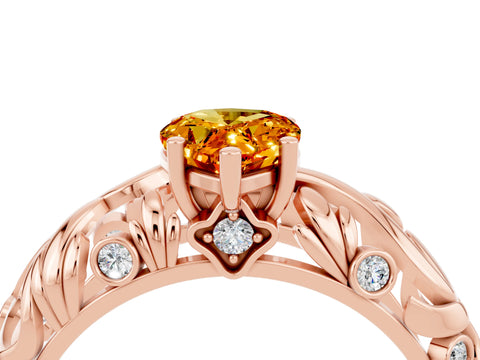 Rose gold Pear Cut Solitaire Citrine Leaf-Inspired Vine Band Ring with Prong Setting_4