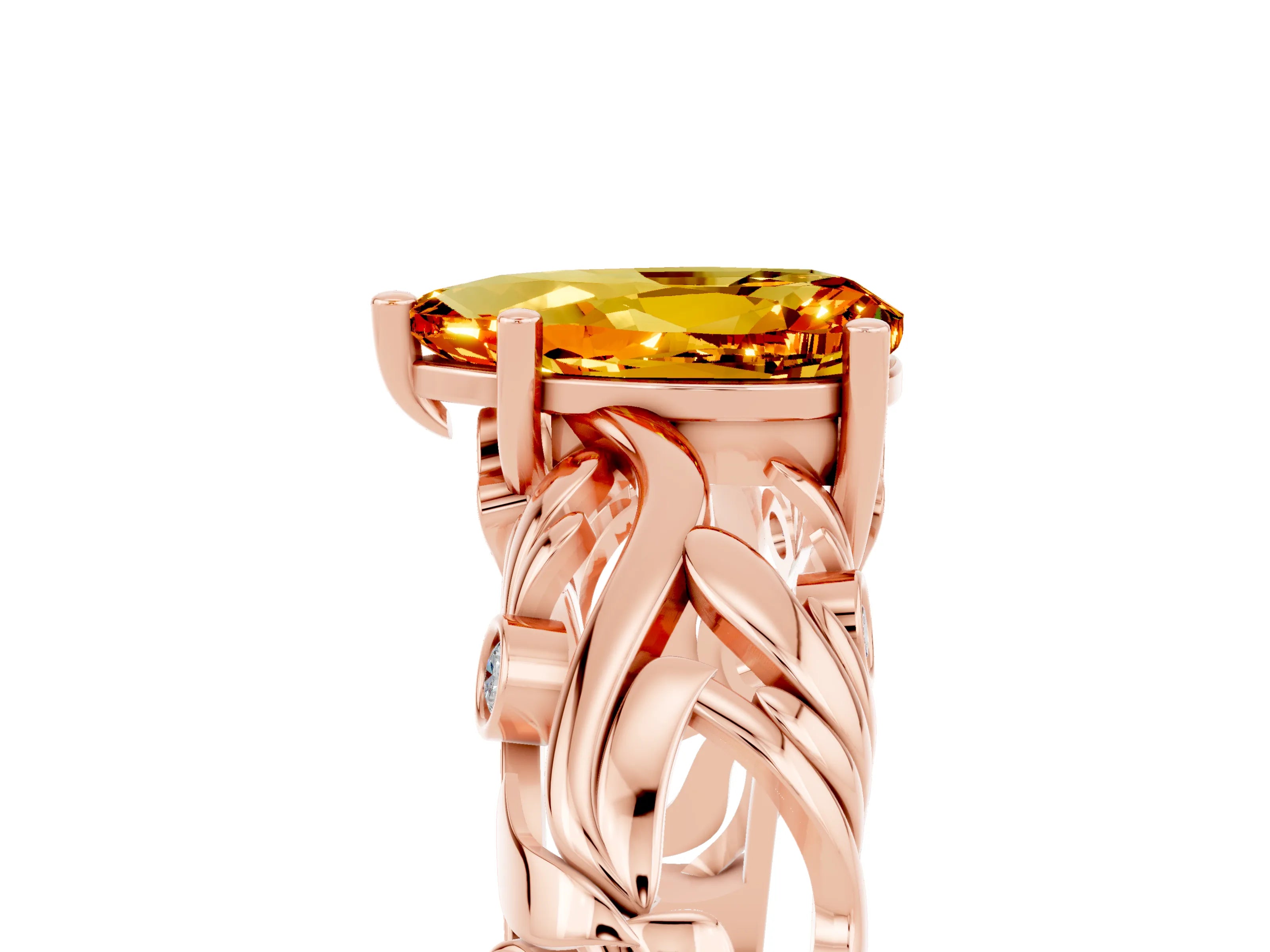 Rose gold Pear Cut Solitaire Citrine Leaf-Inspired Vine Band Ring with Prong Setting_5