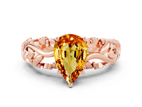 Rose gold Pear Cut Solitaire Citrine Leaf-Inspired Vine Band Ring with Prong Setting