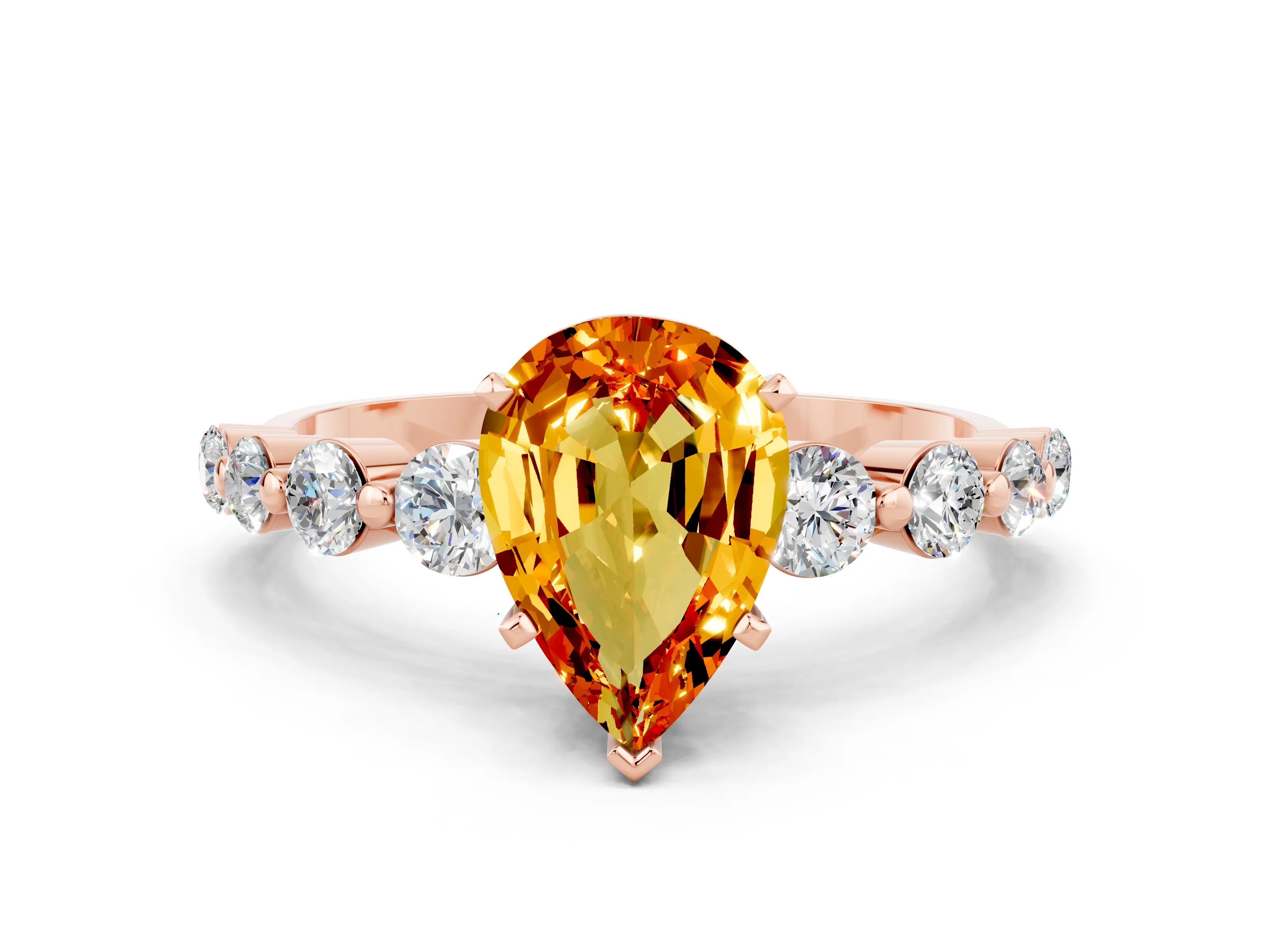Rose gold Pear Cut Solitaire Citrine Ring with Pave Band and Four-Prong Setting