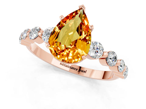 Rose gold Pear Cut Solitaire Citrine Ring with Pave Band and Four-Prong Setting_1