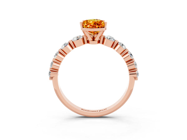 Rose gold Pear Cut Solitaire Citrine Ring with Pave Band and Four-Prong Setting