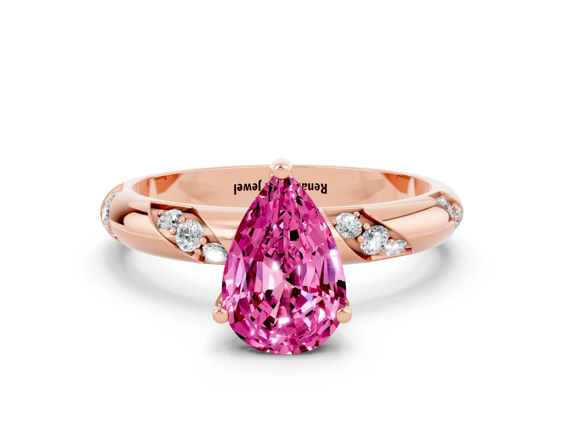 Rose gold Pear Cut Solitaire Diamond Engagement Ring with Twisted Pave Band and Four-Prong Setting