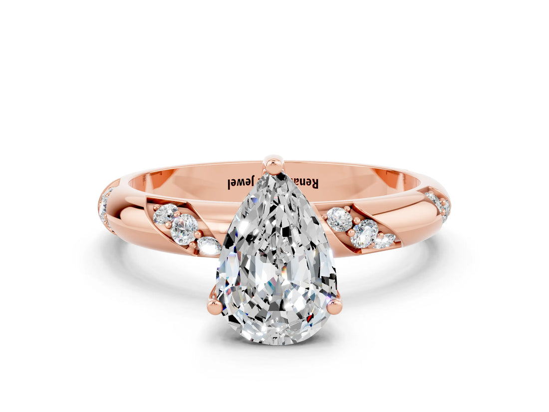 Rose gold Pear Cut Solitaire Diamond Engagement Ring with Twisted Pave Band and Four-Prong Setting