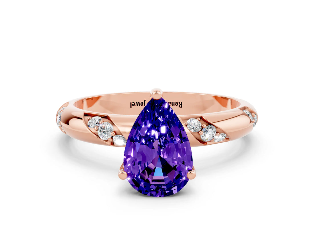 Rose gold Pear Cut Solitaire Diamond Engagement Ring with Twisted Pave Band and Four-Prong Setting