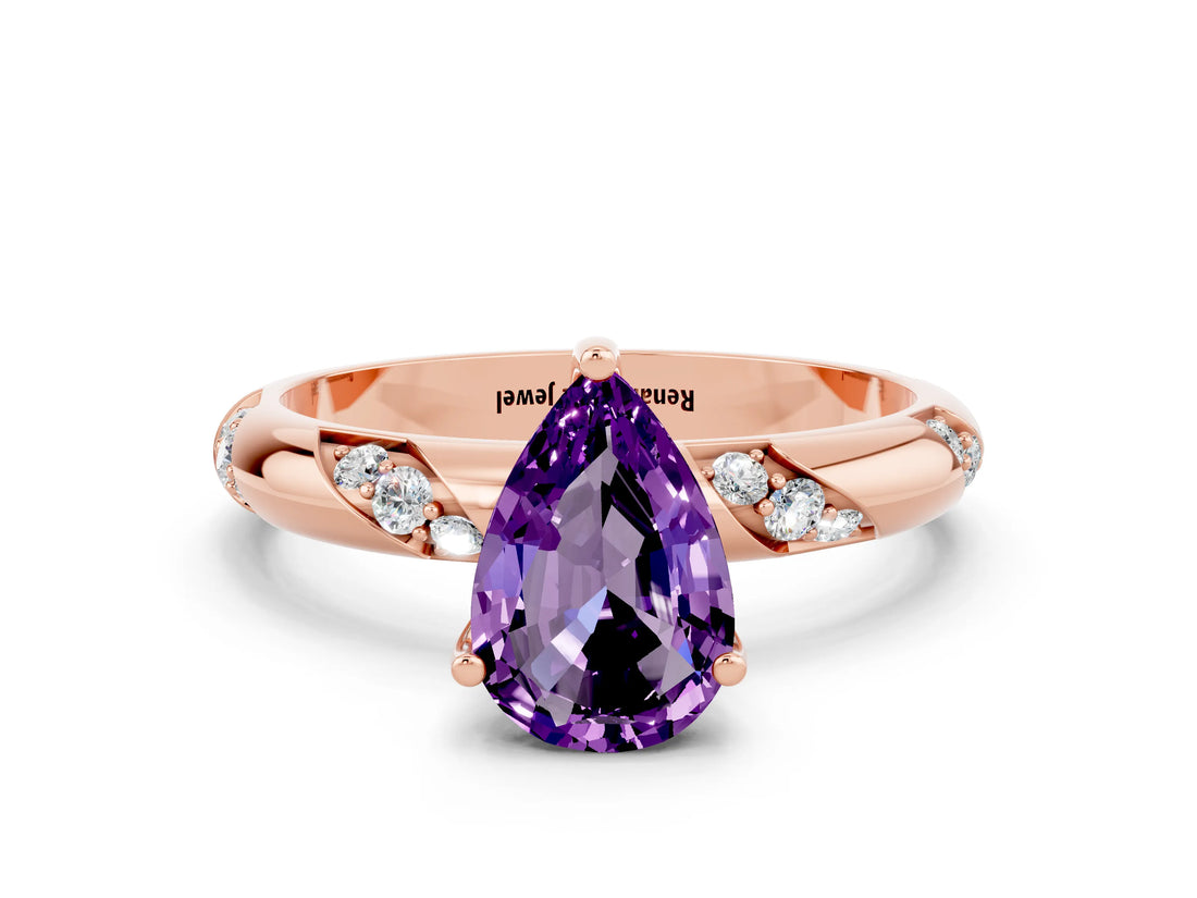 Rose gold Pear Cut Solitaire Diamond Engagement Ring with Twisted Pave Band and Four-Prong Setting