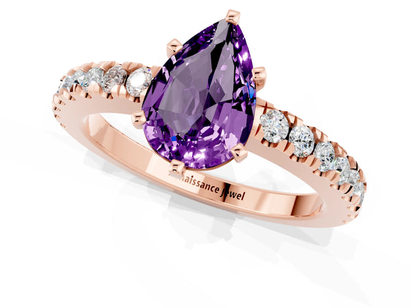 Rose gold Pear Cut Solitaire Amethyst with Pavé Band and Four-Prong Setting
