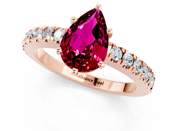 Rose gold Pear Cut Solitaire Garnet with Pavé Band and Four-Prong Setting