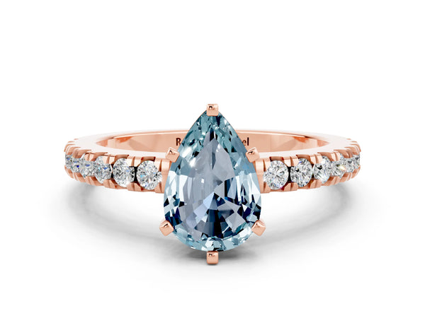 Rose gold Pear Cut Solitaire Aquamarine with Pavé Band and Four-Prong Setting