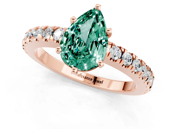Rose gold Pear Cut Solitaire Green Sapphire with Pavé Band and Four-Prong Setting