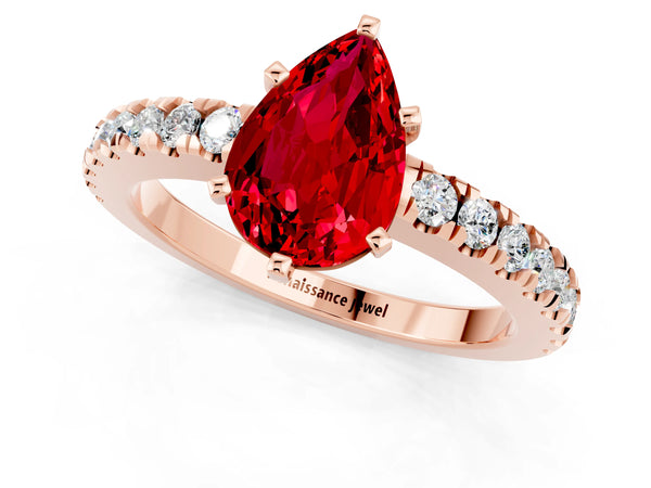 Rose gold Pear Cut Solitaire Ruby with Pavé Band and Four-Prong Setting