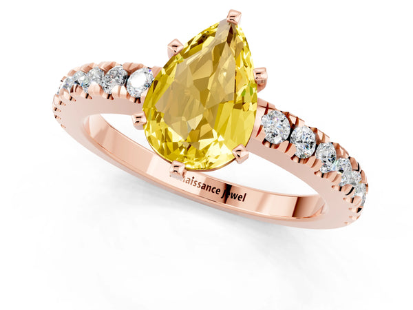Rose gold Pear Cut Solitaire Yellow Sapphire with Pavé Band and Four-Prong Setting