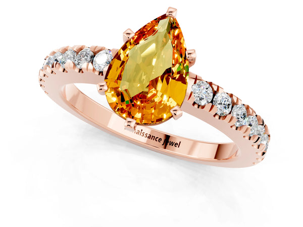 Rose gold Pear Cut Solitaire Citrine with Pavé Band and Four-Prong Setting