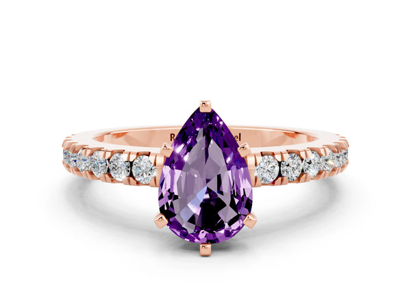 Rose gold Pear Cut Solitaire Amethyst with Pavé Band and Four-Prong Setting