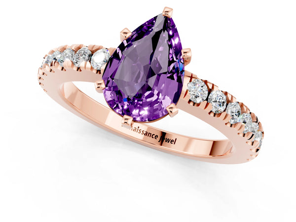 Rose gold Pear Cut Solitaire Amethyst with Pavé Band and Four-Prong Setting