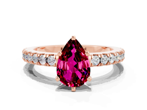 Rose gold Pear Cut Solitaire Garnet with Pavé Band and Four-Prong Setting