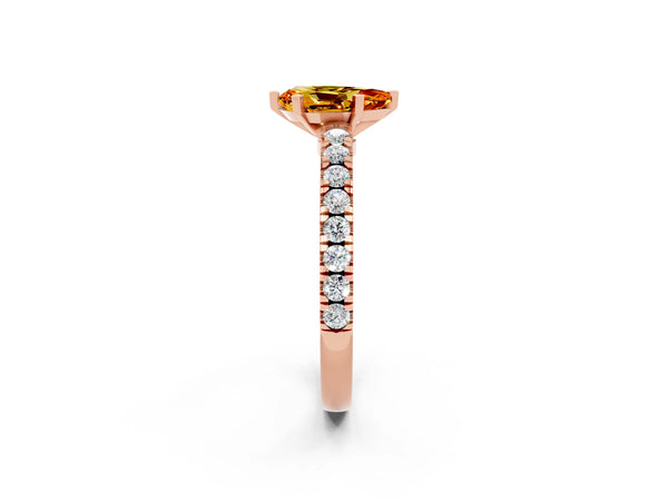 Rose gold Pear Cut Solitaire Citrine with Pavé Band and Four-Prong Setting