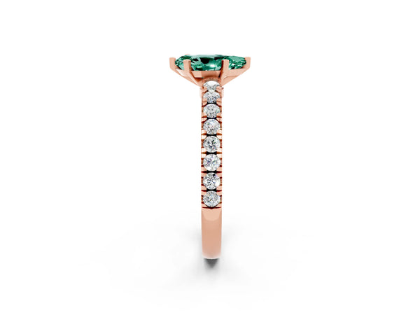 Rose gold Pear Cut Solitaire Green Sapphire with Pavé Band and Four-Prong Setting